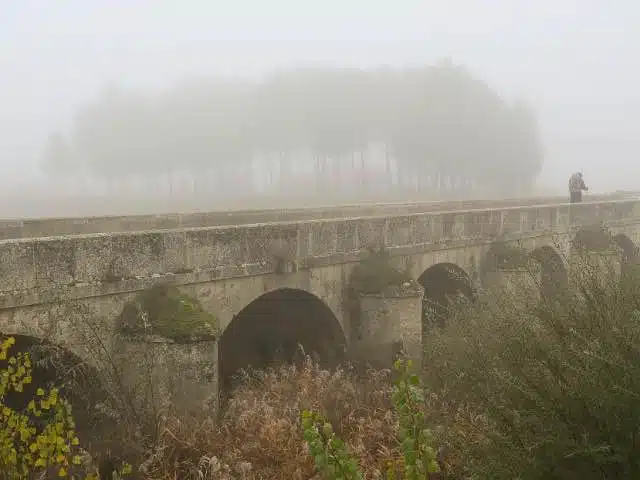Pilgern im Winter auf dem Camino Frances bis Weihnachten 11 Pilger im Nebel