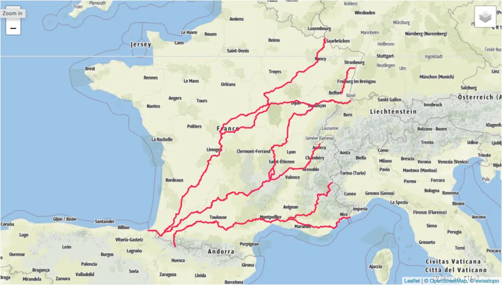 Jakobswege in Frankreich Karte