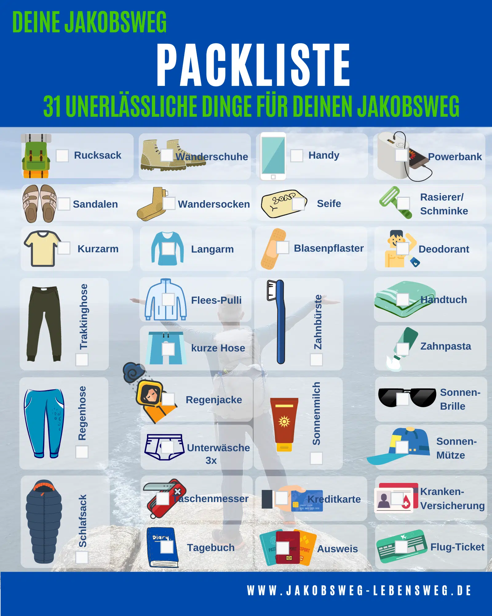 deine Jakobsweg Packliste Handtuch Sonnen-Mütze Kranken-Versicherung Flug-Ticket TOP 16-31 Gepäck Deodorant Zahnpasta Ausweis Handy www.Jakobsweg-Lebensweg.de Powerbank Rasierer/ Schminke Seife Blasenpflaster Sonnen-Brille Sonnenmilch Zahnbürste Kreditkarte