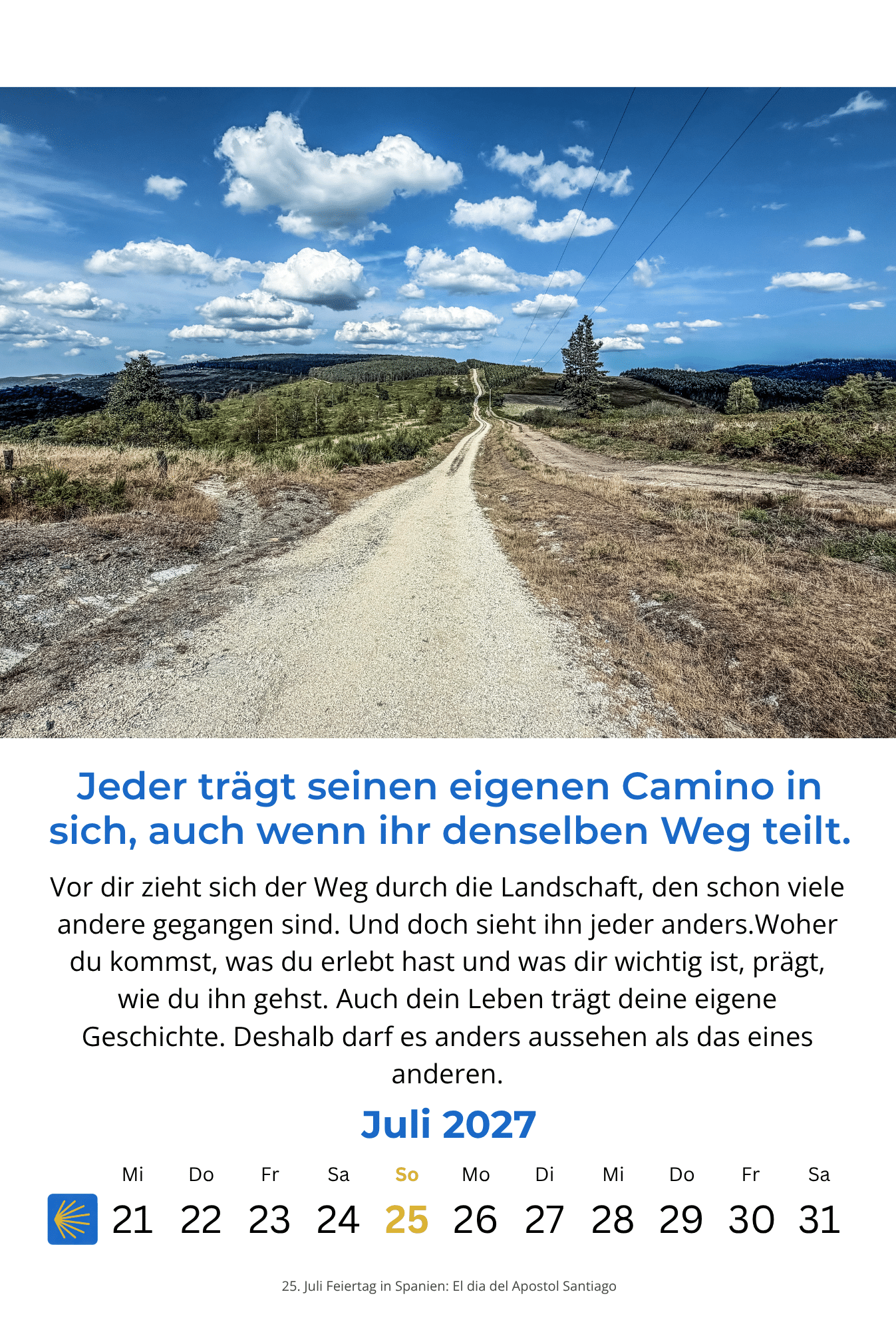 Jakobsweg Kalender 2027 O Cadavo lange Wegstrecke