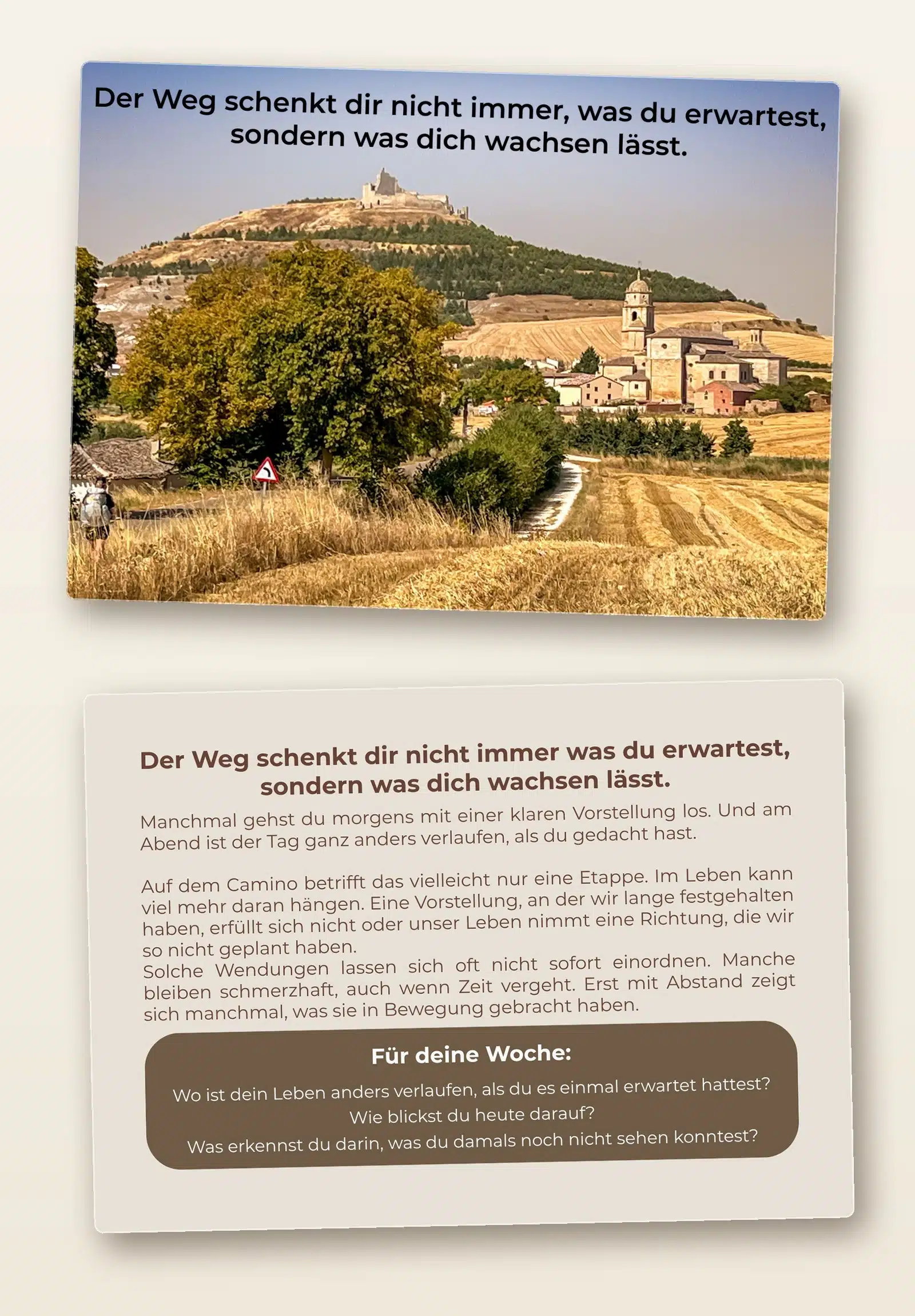 Vorder- und Rückseite einer Karte aus dem Kartenset 52 Jakobsweg-Impulse: Castrojeriz am Camino Francés